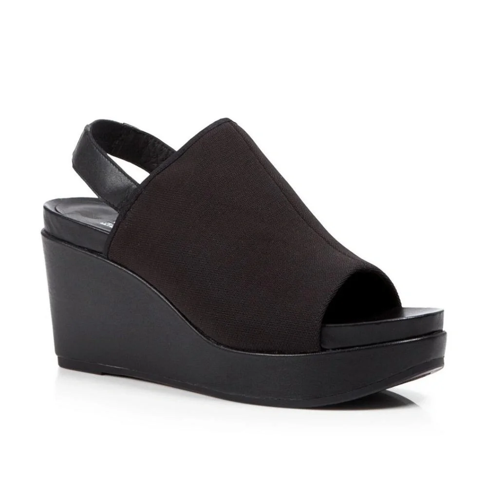 Eileen‎ Fisher Sandal Platform Comfort Stretch Port Open Toe Wedge 6 black
